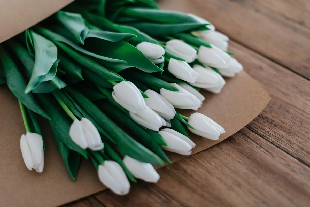 Strauß aus weißen Tulpen von Blumen Strunck aus Köln, in braunes Papier eingeschlagen und auf Holztisch liegend.